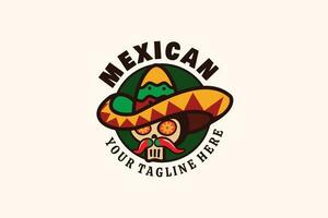 mexican restaurant logo with a combination of a skull, sombrero hat, and herbs in a circle shape. vector