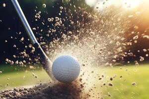 detail of golf ball striked by the club, ball point of view, explosions of grass and energy in the swing illustration photo