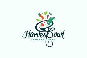 harvest bowl logo with a combination of beautiful lettering, a bowl, and vegetables. vector