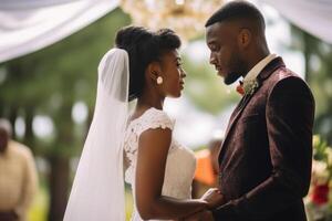 increíble africano americano Pareja en Boda ceremonia. generativo ai. foto