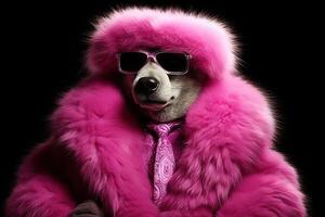 lady bear pink gangster in neon bar illustration photo