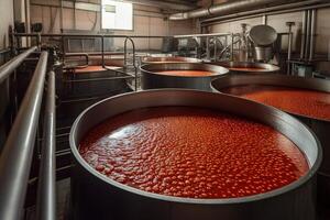 transportador industrial producción de Tomates salsa ilustración generativo ai foto