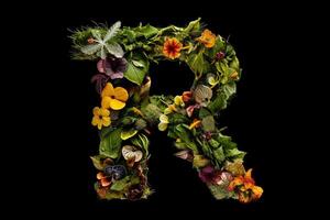 r alfabeto letra hecho fuera de hojas plantas y flores aislado en negro antecedentes ilustración generativo ai foto