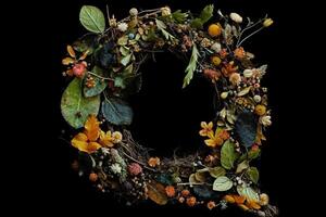 Q alphabet letter made out of leaves plants and flowers isolated on black background illustration photo