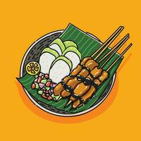 Satay, or sate is a dish of seasoned, skewered and grilled meat, served with a soy sauce or peanut sauce and rice cake with banana leaf in orange background vector