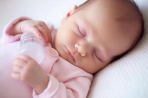 Cute newborn baby girl sleeping with a bottle of milk in her hands. Generative AI. photo