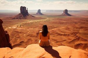 Serene meditative girl contemplating and Looking Out Into The Vast Monument Valley illustration photo