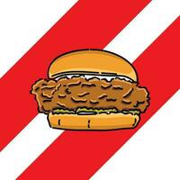 chicken burger handdrawn in a white and red stripe background vector