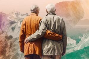 Old LGBTQ couple, abstract concept, collage art, view from the back illustration photo