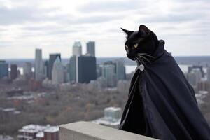 Cat masked vigilante superhero, wearing a black cape and cowl, perched on a gargoyle and overlooking the city skyline, cartoon illustration photo