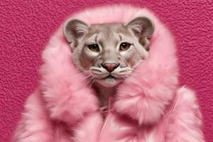 rosado gato gángster en neón bar ilustración generativo ai foto