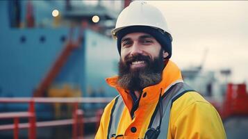 Portrait of a smiling male engineer wearing safety helmet and reflective vest while standing in front of a cargo ship. . photo