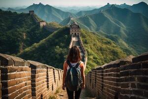 view from the back of asian girl tourist taking picture in china great wall illustration photo