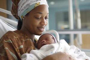 africano madre con su recién nacido bebé en un hospital cama. generativo ai. foto