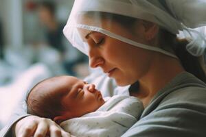 Mother and her newborn baby in hospital ward. Motherhood. . photo