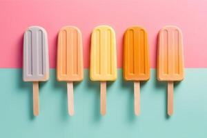 Ice cream sticks on pastel colors background, flat lay. . photo