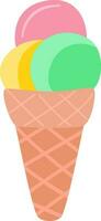 Scoops of colourful ice cream in waffle cone. vector