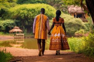 African couple in traditional wedding clothes walking at Africa town. . photo