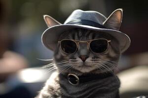 un gris atigrado gato, vistiendo un negro fedora y un par de Gafas de sol, con un sombrero cercano. gato como rotura malo personaje ilustración generativo ai foto