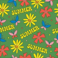 Colourful and bright seamless summer pattern with flowers and butterflies on green background. vector