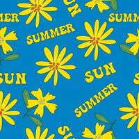 Blue and yellow seamless pattern with fantastic flowers and words summer and sun. Vector design for paper, cover, clothes, fabric.