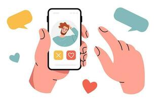 A human hand is holding a smartphone. Assign a date to a man. Message, correspondence, love. Dating app. vector