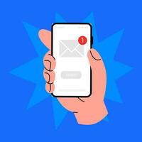 A human hand is holding a smartphone. A new message. The envelope icon. Fingers and a Flat-style screen vector