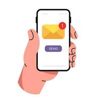 A human hand is holding a smartphone. A new message. The envelope icon. Fingers and a Flat-style screen vector