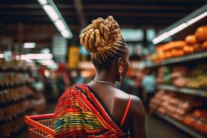 africano dama con cesta compras a supermercado generativo ai. foto