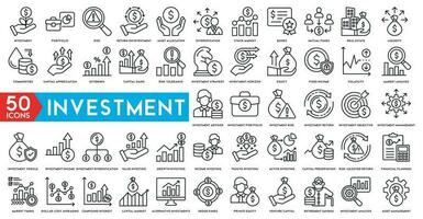 Investment icon set. Containing investor, mutual fund, asset, risk management, economy, financial gain, interest and stock icons vector