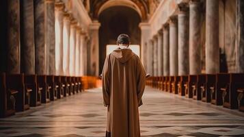 posterior ver de joven sacerdote en pie en el iglesia. generativo ai. foto