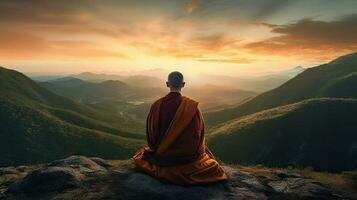 Buddhist monk sitting on the top of mountain and looking at sunrise. Generative AI. photo