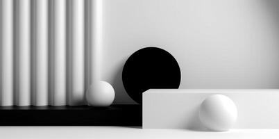 black and white abstract minimalistic background with ball decoration and copy space, generative ai photo