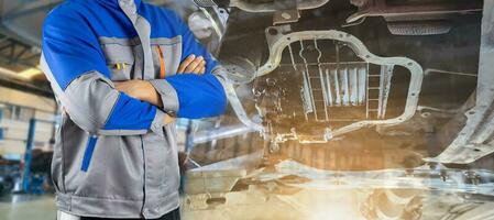 Double Exposure Auto mechanic in the auto service center car photo