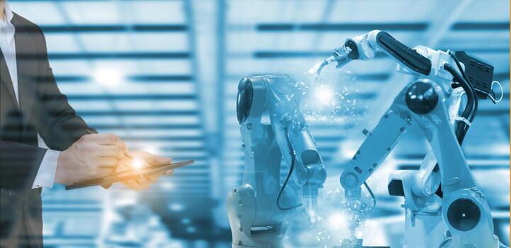 Manager engineer touch screen control automation robot the of factory parts manufacturing industry robots and mechanical arm photo