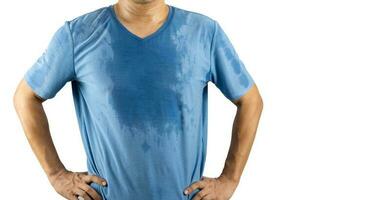 sweat wet shirt men and body odor white background photo