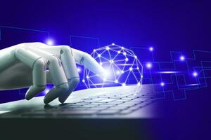 Robot hand abstract lines and connection points communication technology background for business internet network digital data connection and big data concept. photo