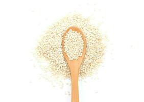 White sesame seeds in wooden scoop on white background photo