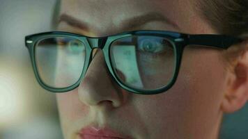 kvinna i glasögon ser på de övervaka och och arbetssätt med diagram och analyser. de övervaka skärm är reflekterad i de glasögon. video