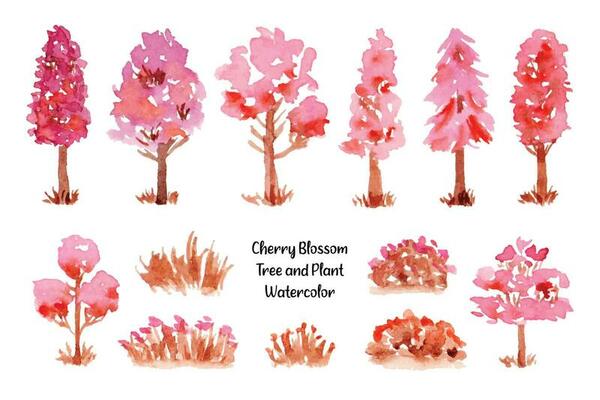 Cute Tree, Grass, and Lawn Watercolor Collection