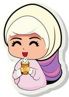 Sticker Style Cute Muslim Girl Licking Ice Cream. vector