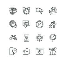 Set of delivery and world travel related icons, package box, journey, traffic sign, sand watch, time, reminder, alert, flight, navigation and linear variety vectors. vector