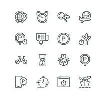 Set of delivery and world travel related icons, package box, journey, traffic sign, sand watch, time, reminder, alert, flight, navigation and linear variety vectors. vector