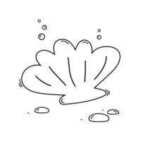Vieira en Oceano piso. vector ilustración. negro y blanco dibujo de mar cáscara con guijarros y aire burbujas mano dibujado bosquejo garabatear estilo.