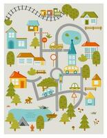 Cute town map for kids room. Landscape with lot details. Play mat for children activity. Vector illustration