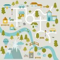 Cute town map for kids room. Landscape with lot details. Play mat for children activity. Vector illustration