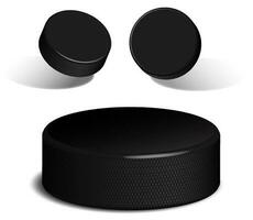 Realistic rubber hockey puck. 3D image of hockey puck lying on ice and in flight. Vector