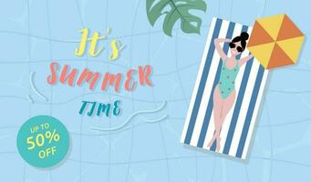 Summer sale background with tiny people,umbrellas, ball,float  in the top view pool.Vector summer banner vector