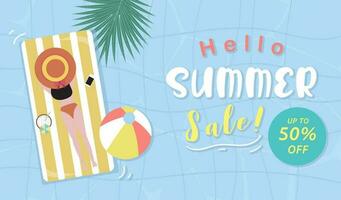 Summer sale background with tiny people,umbrellas, ball,float  in the top view pool.Vector summer banner vector