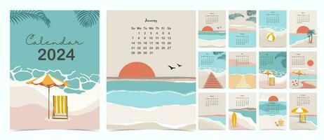 2022 table calendar week start on Sunday with beach that use for vertical digital and printable A4 A5 size vector